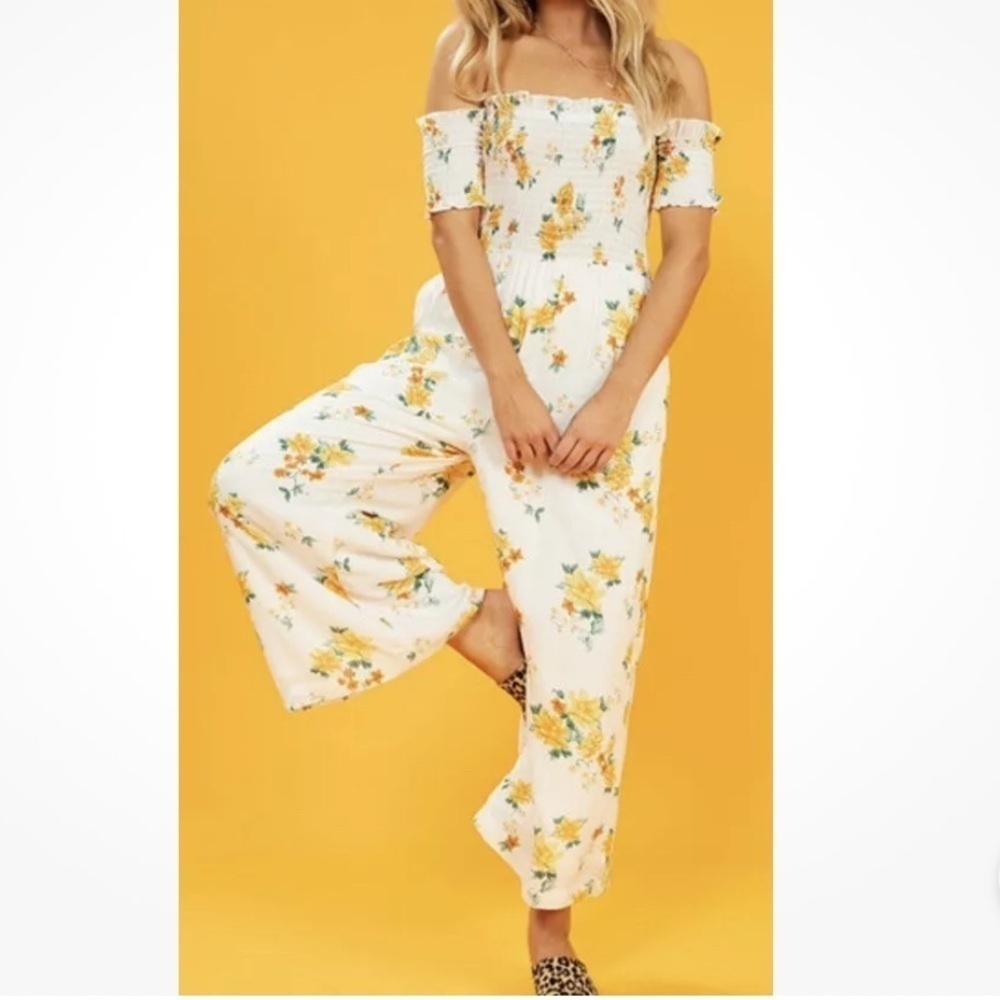 Minkpink Sz S smocked off the shoulder wide leg floral bloom print pantsuit - Picture 6 of 7